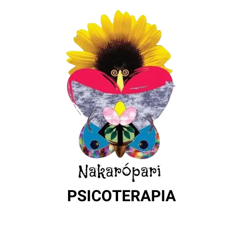 Logo de Nakarópari Psicoterapia, una mariposa hecha de figuras como un corazón y media luna, de fondo un girasol